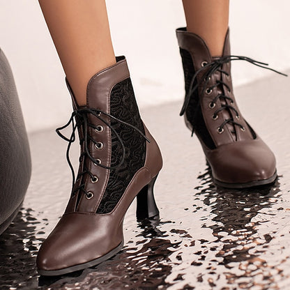 Embroidered with Women's Panels Lace-Up Ankle Boots White