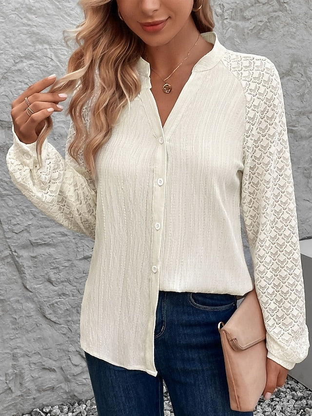 Women's Blouse Lace Buttons Solid Color Stylish Casual Long