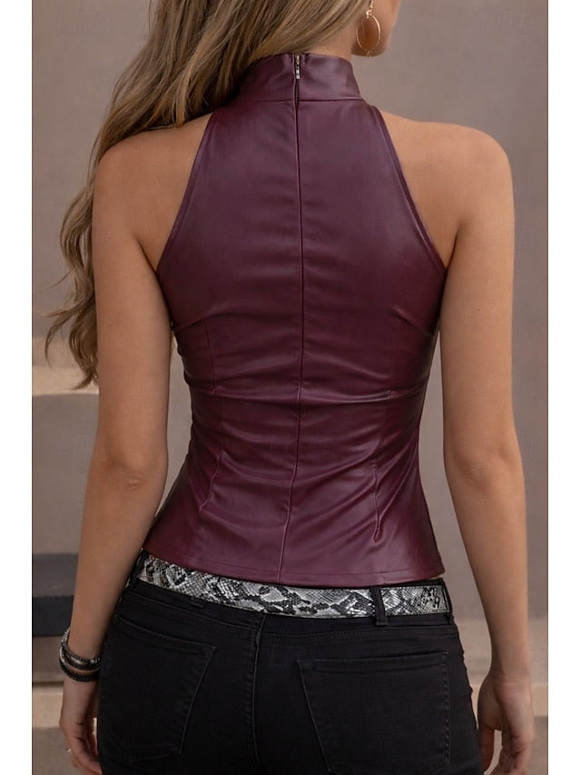 Women's Slim fit top Faux Leather Tank Tunic Back Zipper