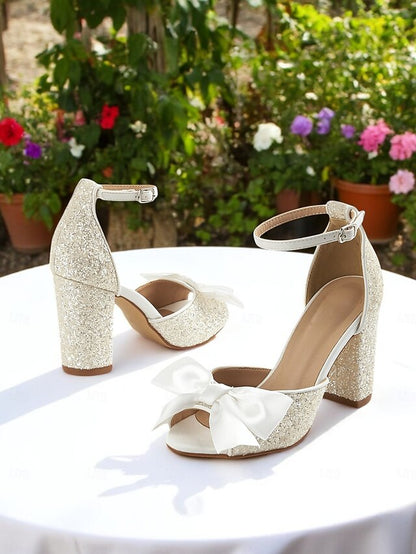 Heel Sandals with Ankle Glitter Block Wedding White Women's