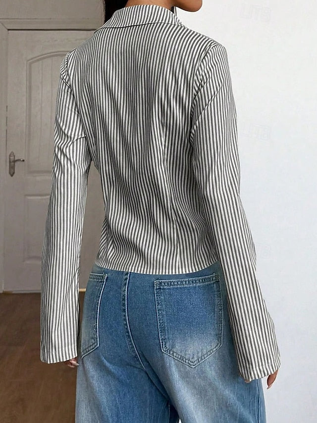 Women's Shirt Blouse Patchwork Buttons Striped Elegant