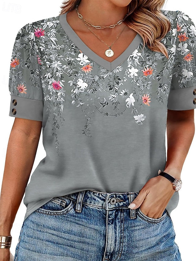 Women's T Shirt Summer Tops Solid Color Floral Graphic