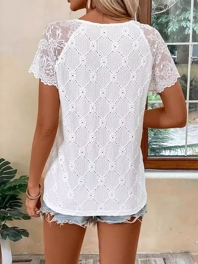 Women's Pointelle Shirt Eyelet Top Lace Splicing Top Lace