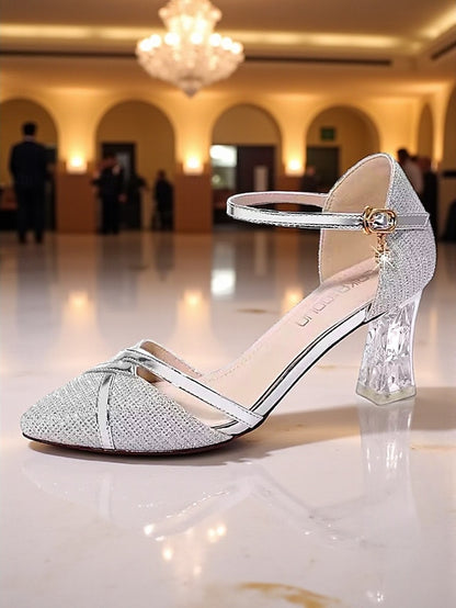 Strap Heel Gold Pumps Ankle Women's Block - Glitter Elegant