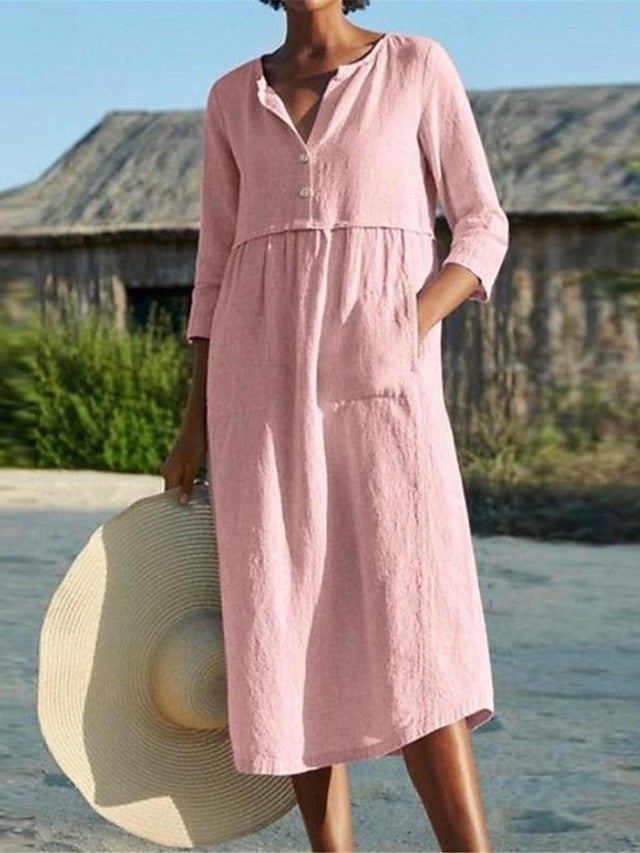Women's Blue Black Pink Summer Spring Midi Dress Faux
