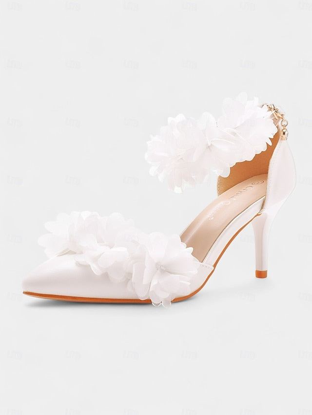 Pointed Floral Ankle Elegant - White Strap Women's Heels