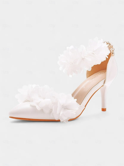 Pointed Floral Ankle Elegant - White Strap Women's Heels