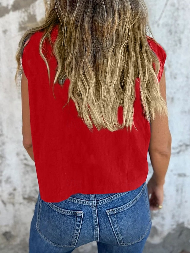 Women's Tank Top Sleeveless Shirt Pocket Buttons Plain