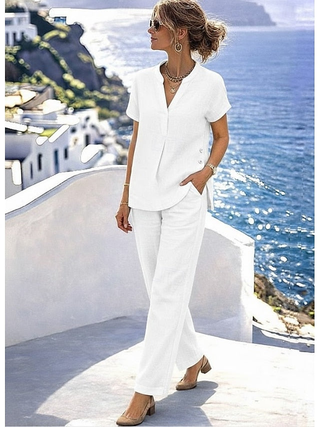 Women's Cotton Linen Sets Pants Sets Bolero Top Short