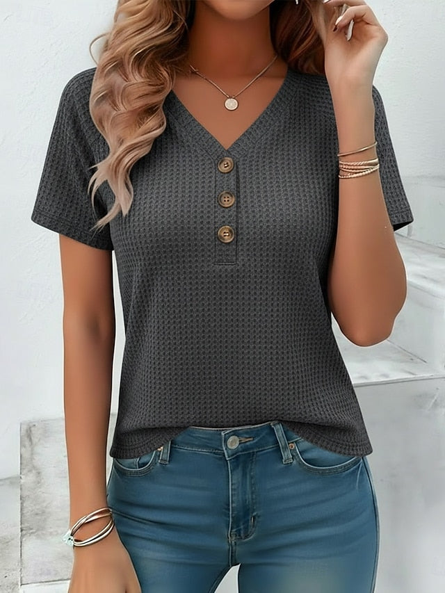 Women's T Shirt Waffle Knit Tops Tee Top Buttons Solid