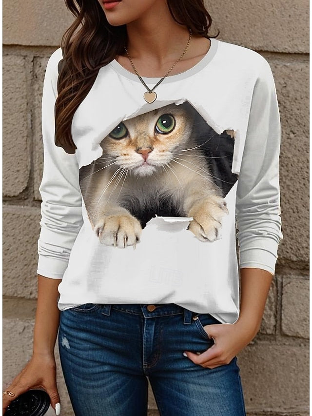Women's T shirt Crew Neck Long Sleeve Tunic Cat Modern