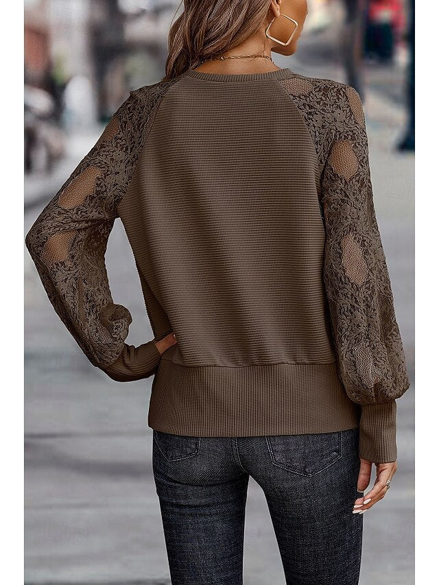 Women's Top Lace Knit Ribbed Embroidered Tops Splicing