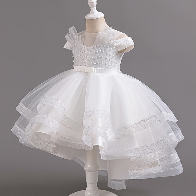 Color Short Kids Dress Party Solid Sleeve Girls' Wedding