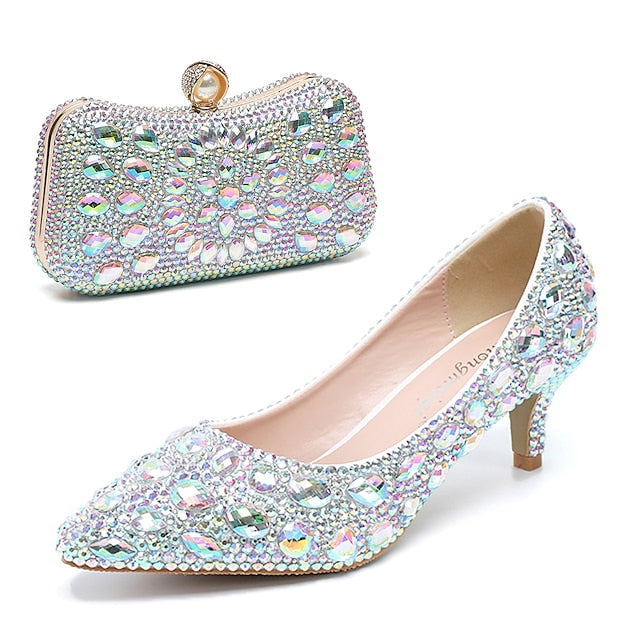 Matching Women's Heel Kitten Crystal-Embellished Shoes and