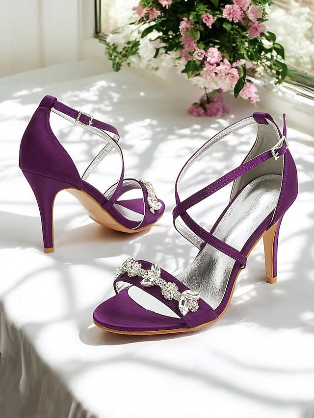 with Women's Stiletto Rhinestone Straps Heels Purple Satin