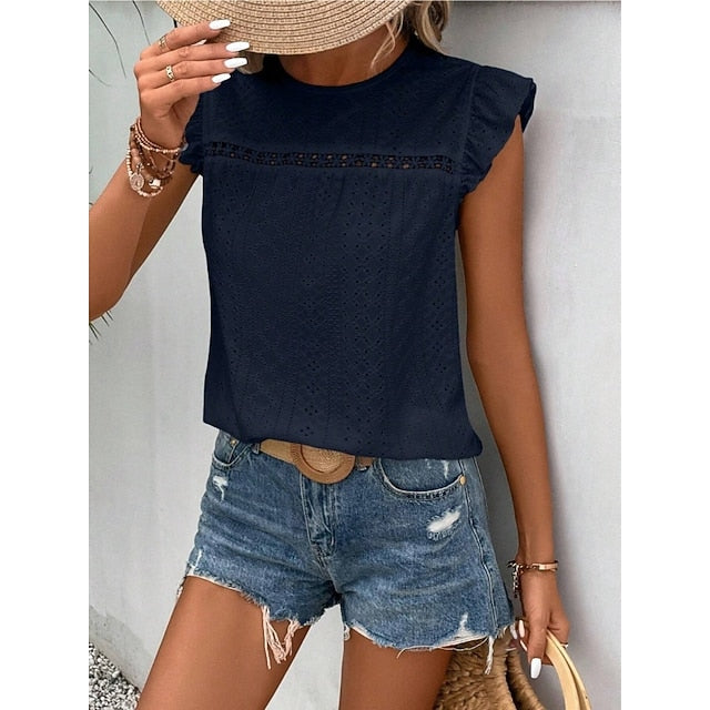 Women's T Shirt Tee Top Ruffle Eyelet Plain Fashion Stylish