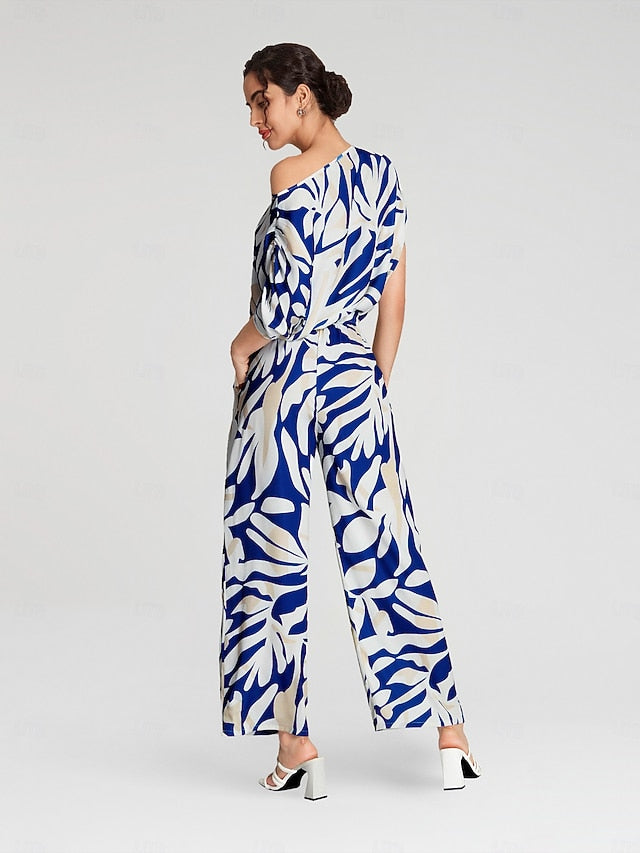 Satin Mismatched Floral Slash Neck T-shirt Sleeve Two Piece Set