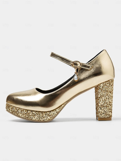 Pumps Glitter Heel Sparkly Jane Mary Block – Women's Gold