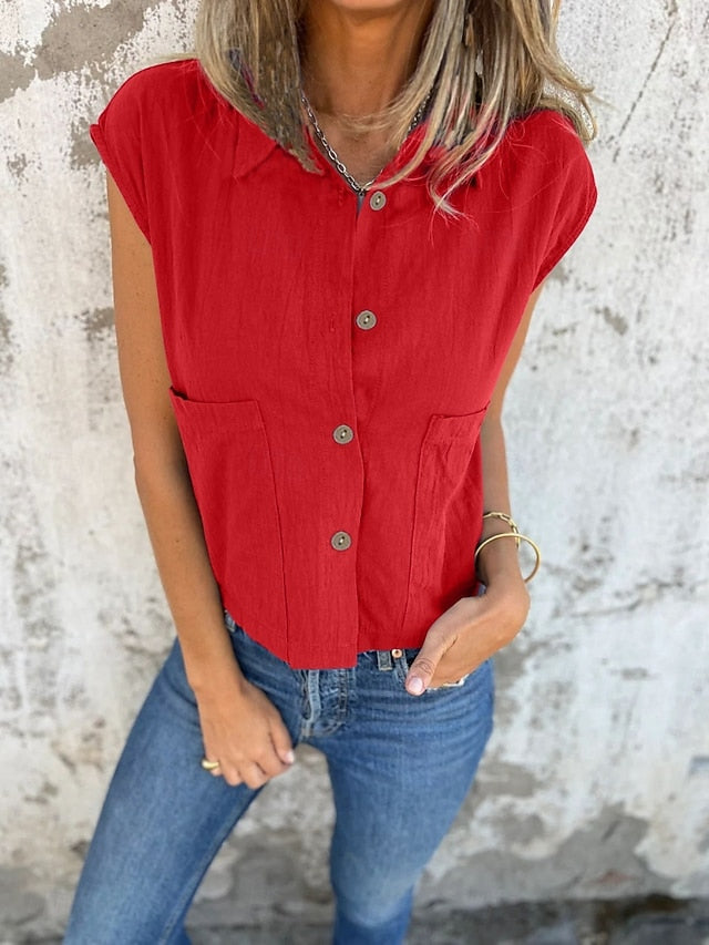 Women's Tank Top Sleeveless Shirt Pocket Buttons Plain
