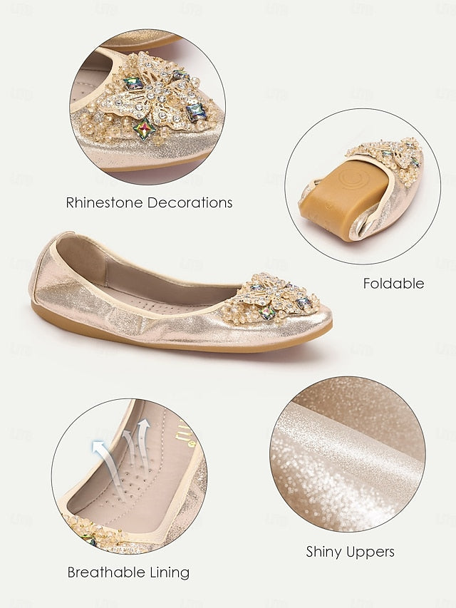 Crystal Gold Foldable with Flats Glitter Women's