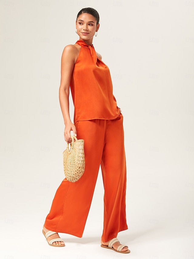 Orange Stand Collar Wide Leg Pants Set