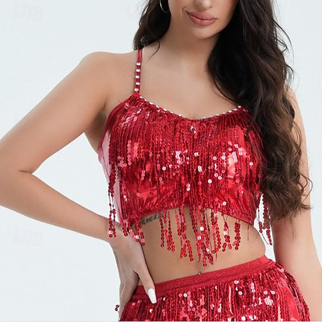Belly Dance Top Glitter Tassel Pure Color Women's