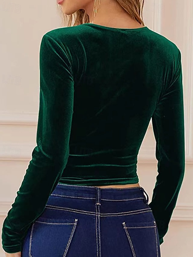 Women's Velvet Elegant Dressy Blouse Ruched Plain Elegant