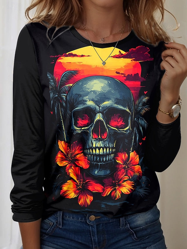 Women's T Shirt Skulls Graphic Vintage Fashion Casual Long