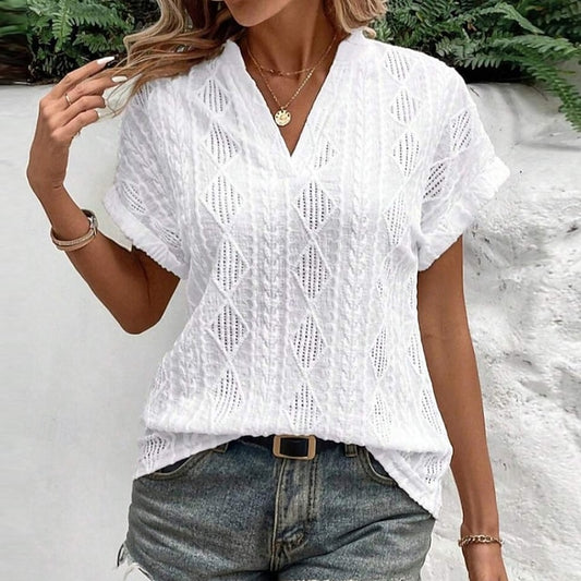 Women's Eyelet Top Pointelle Tee Elegant Short Sleeve V