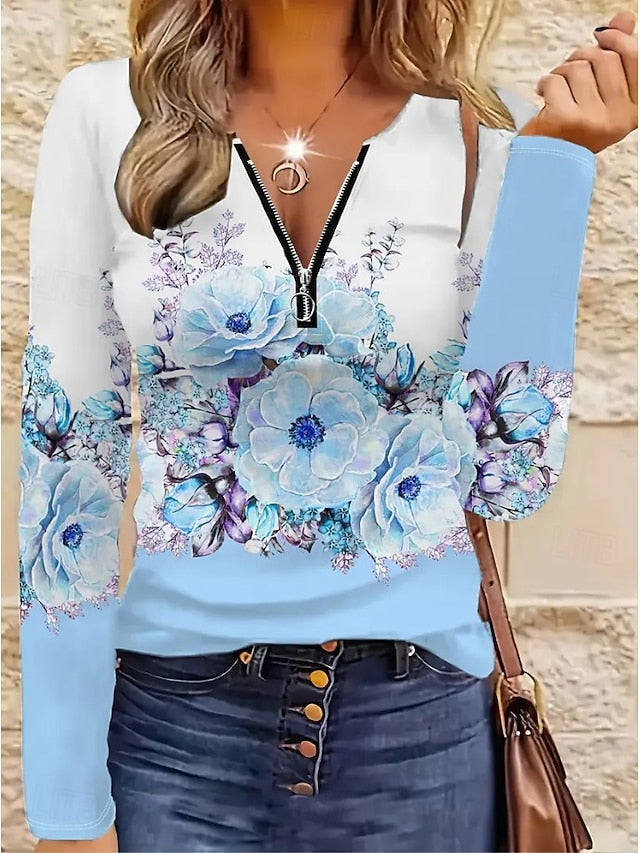 Women's T Shirt Quarter Zip Long Sleeve Casual Graphic