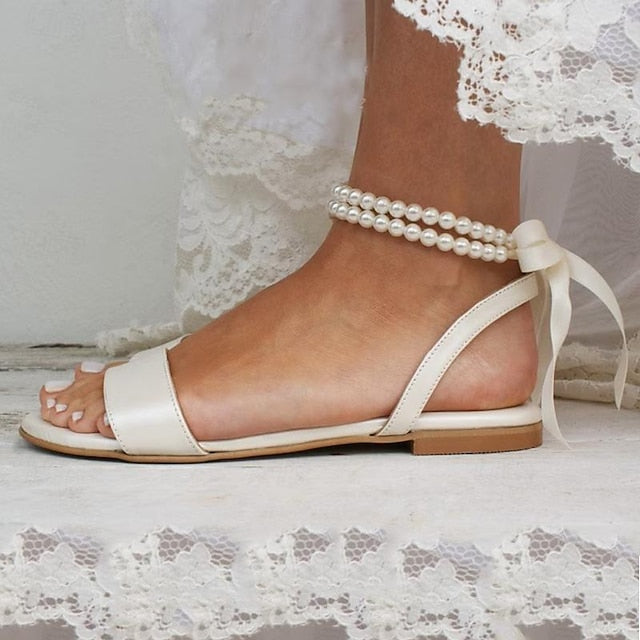 with Ankle Sandals Strap Flat Women's Pearl White –