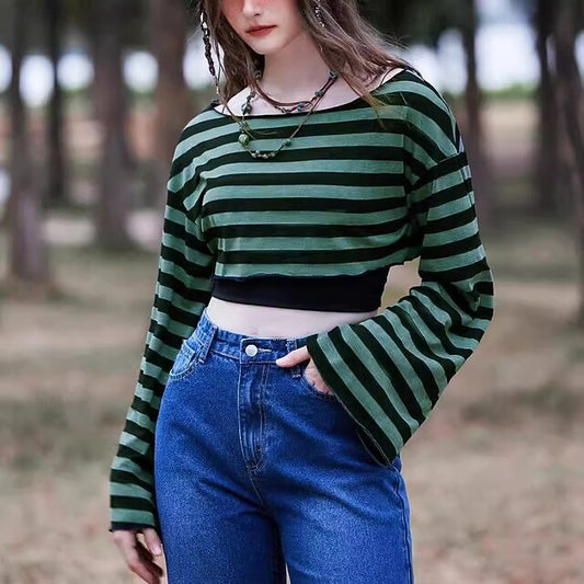 Fancy Goth Neck Punk Gothic Sweatshirt Boat Striped Girl