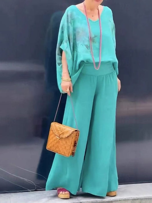 Women's Cotton Linen Shirts Blouse Pants Sets Half Sleeve V