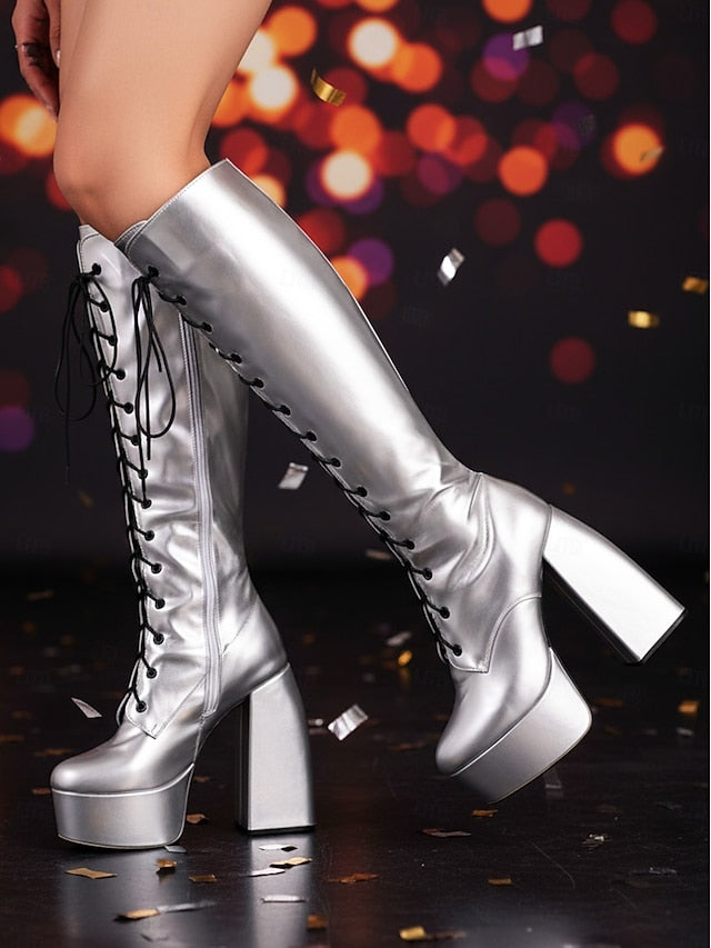 Platform Metallic High Knee Women's Silver Lace-Up - Boots