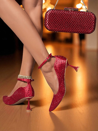 Clutch Rhinestone Matching and Bag Green Set Women's Heels