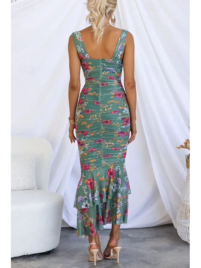 Women's Midi Dress Slip Dress Print Dress Ruched Dress