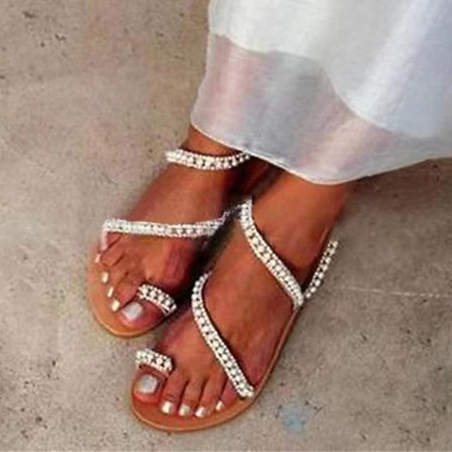 Elegant Pearl-Embellished – Sandals Strappy Women's Flat