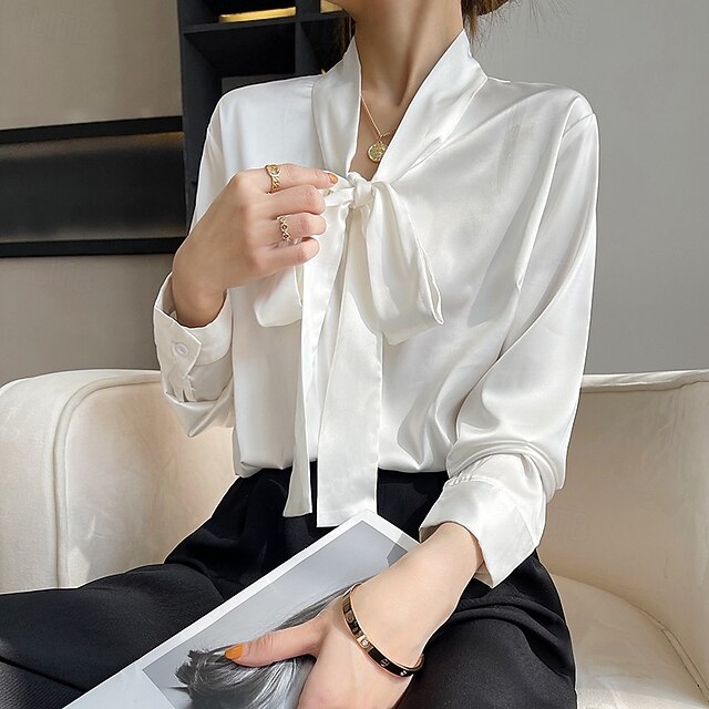 Satin Solid Women's Shirt Buttons Top Elegant Silk
