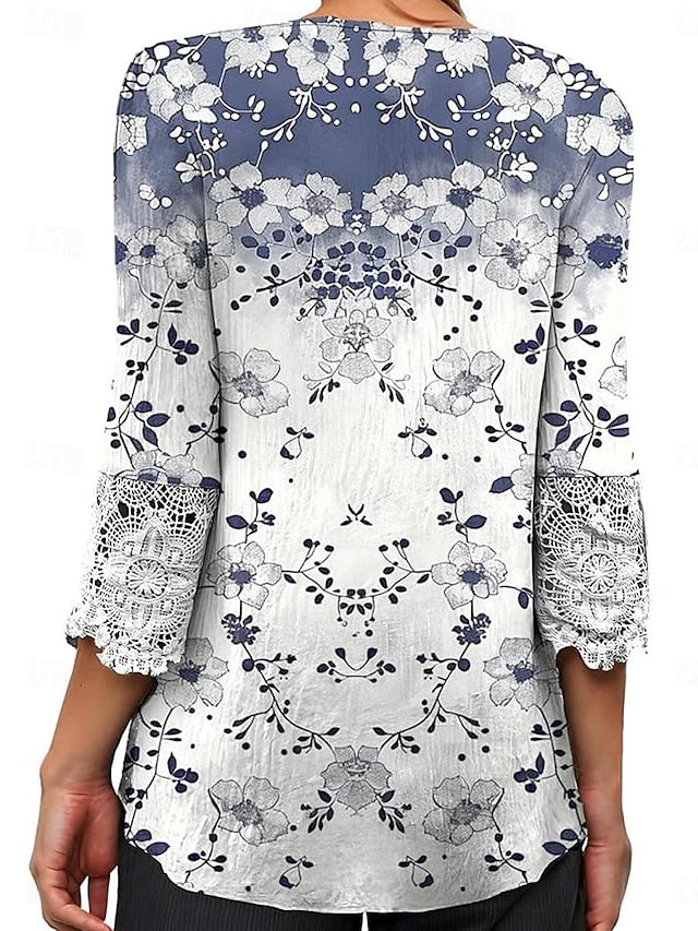 Women's Elegant Lace Tops Eyelet Blouse Casual Ombre Floral
