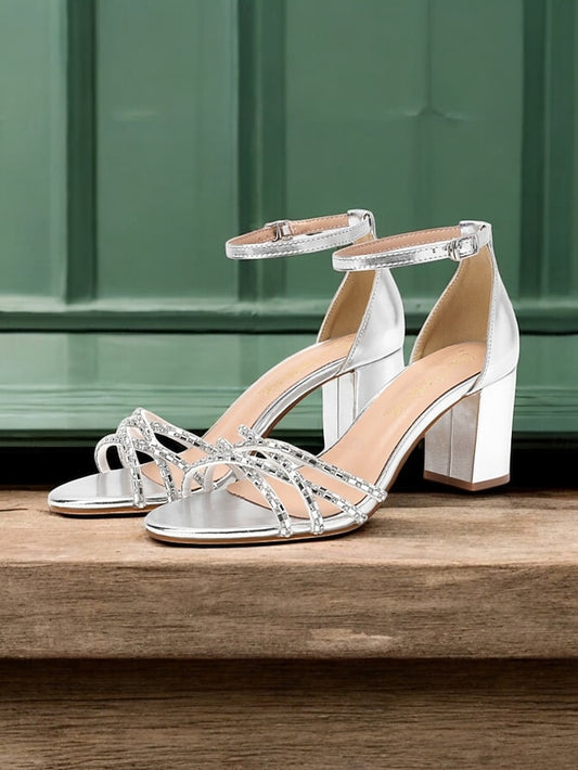 Rhinestone Silver Metallic Block Heel Sandals with Strappy