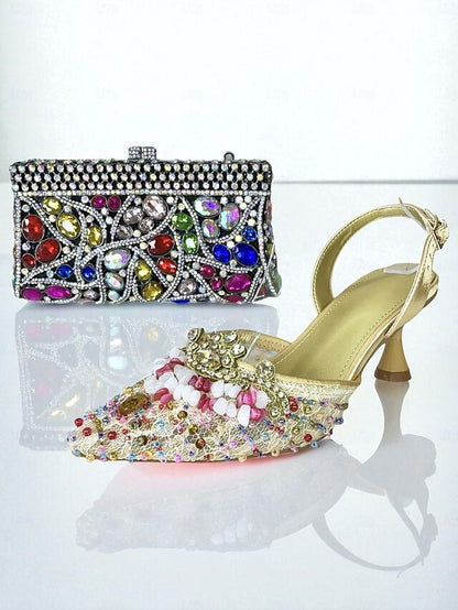 Green Women's Set Rhinestone Clutch Heel Bag and - Shoes