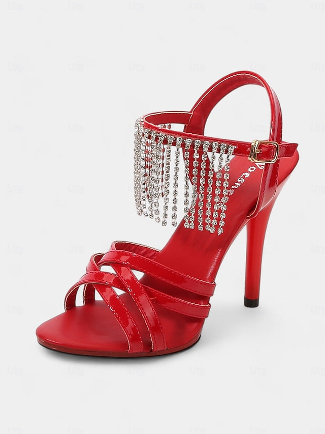 Women's with Red Rhinestone Stiletto Patent Leather Sandals