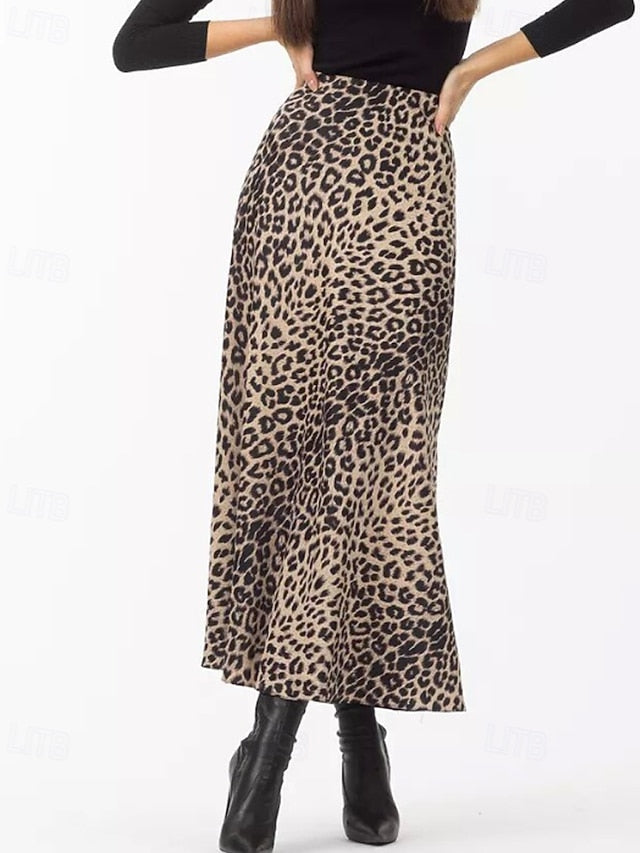 Women's Fashion Sexy Maxi High Waist Skirts Leopard Ruched
