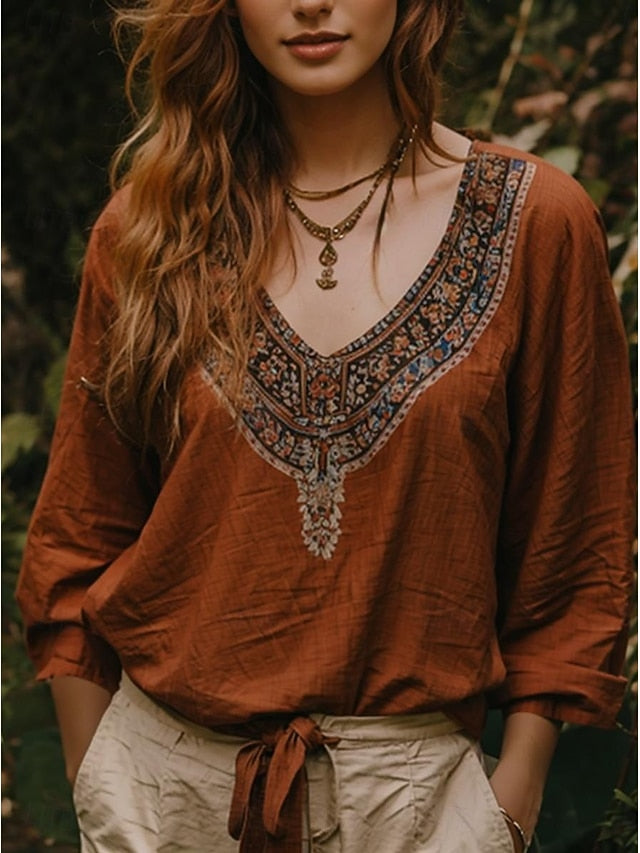 Women's Popover Shirt Casual Shirt Blouse Ruched Print