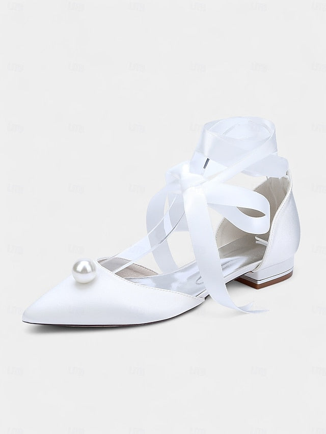 Satin Toe Embellished Pearl - Flats Pointed Women's Navy