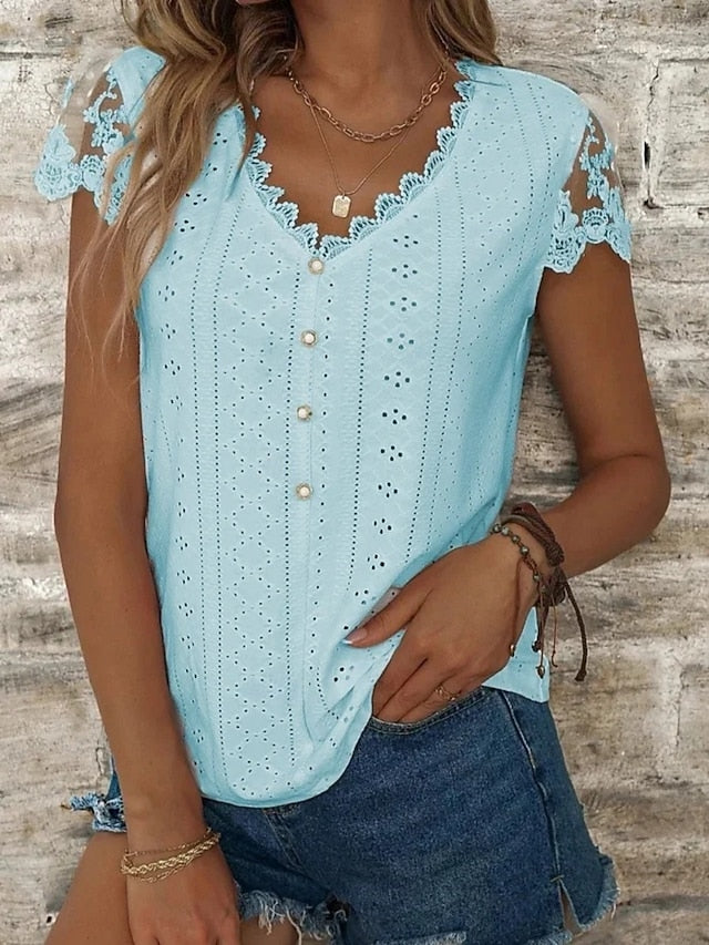 Women's Blouse Lace Eyelet Buttons Solid Color Stylish