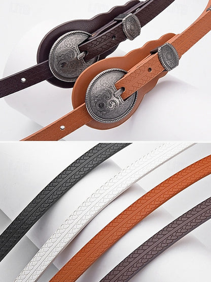 Leather Vintage Women's Faux Belt with Carved Western Waist