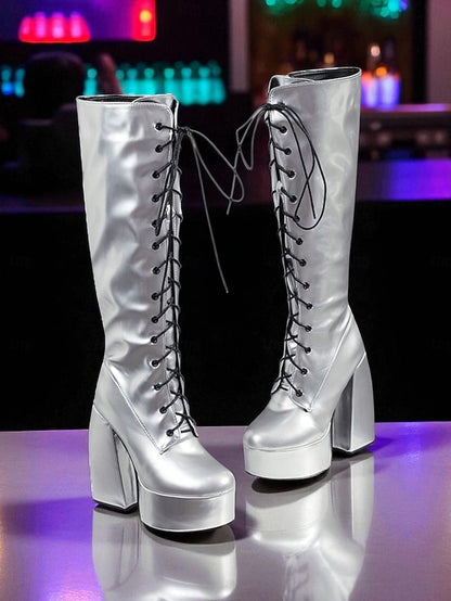 Platform Metallic High Knee Women's Silver Lace-Up - Boots