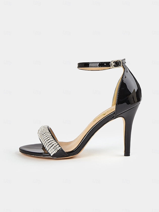 Leather Sandals Heel Black with High Rhinestone Patent