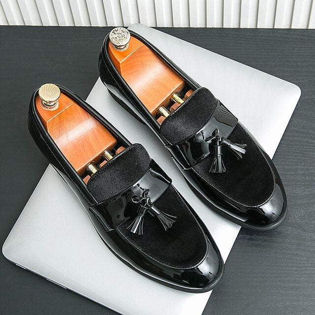 Black Tassel Leather Faux Men's Patent – Loafers Velvet